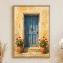 Cartaz de Aquarela Porta Azul com Vasos de Gerânio
