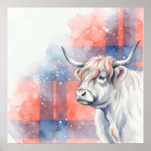 Poster Cartaz de Aquarela Vaca Highland em Xadrez Azul Co