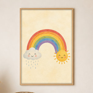 Poster Cartaz de Arte Boho em Gouache Arco-íris Chuva de