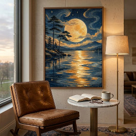 Poster Cartaz de Arte da Lua Dourada Sobre o Lago
