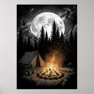 Poster Cartaz de Arte de Acampamento na Montanha sob Lua