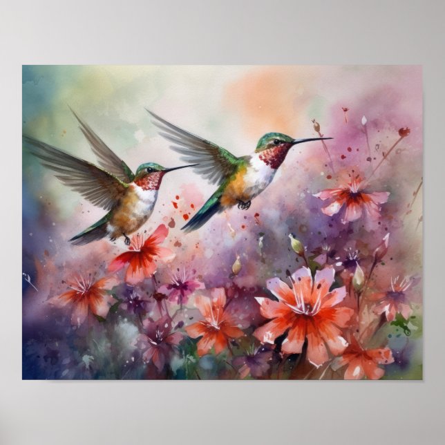 Poster Cartaz de Arte de Beija-flores Pintura (Frente)