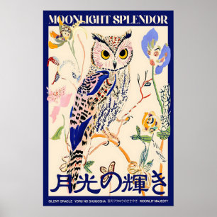 Poster Cartaz de Arte de Coruja Tipografia Japonesa, Luar