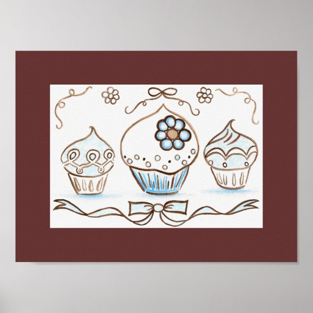 Pôster Cartaz de Arte de Cupcake Azul Impresso (Frente)