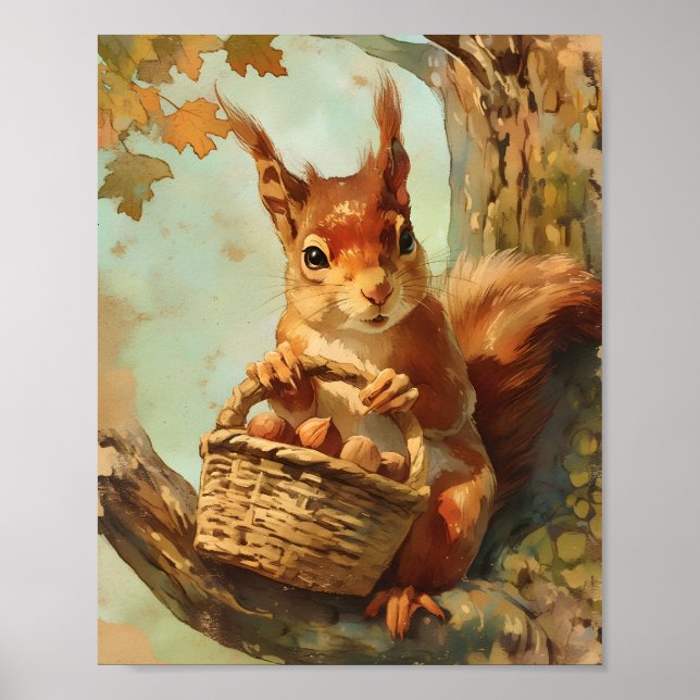 Poster Cartaz de Arte de Esquilo Fofo para Berçário de Ou (Frente)