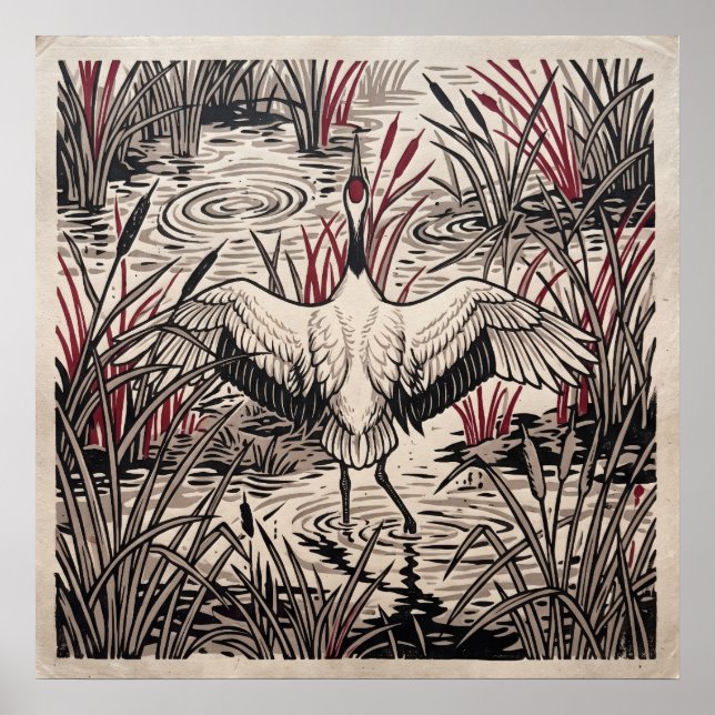 Poster Cartaz de Arte de Junco com Grou-de-coroa-vermelha (Frente)
