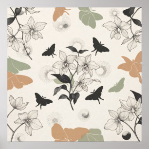 Poster Cartaz de Arte de Linha de Borboleta Floral Pêsseg