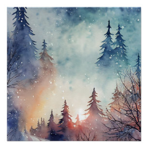 Pôster Cartaz de Arte de Parede de Inverno em Aquarela