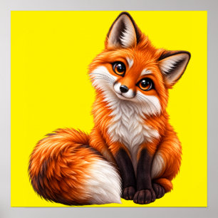Poster Cartaz de Arte de Raposa Vermelha Fofa em Fundo Am