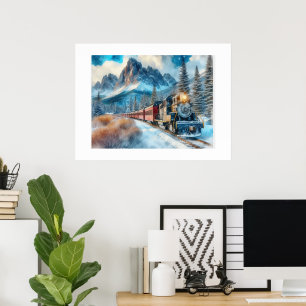Poster Cartaz de Arte de Trem Locomotiva em Aquarela por