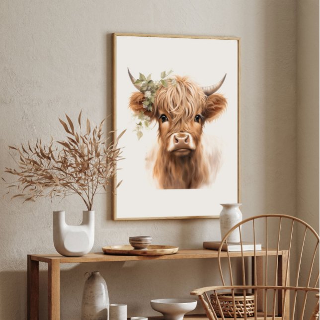 Poster Cartaz de Arte de Vaca das Terras Altas Boho (Boho Highland Cow Art Print Poster.)