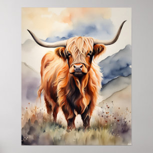 Poster Cartaz de Arte de Vaca das Terras Altas em Aquarel