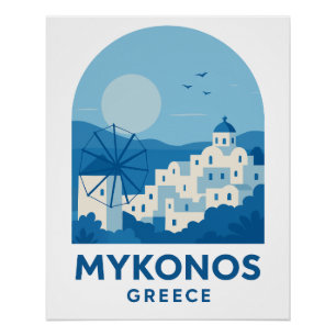 Pôster Cartaz de Arte de Viagem Minimalista Azul de Mykon