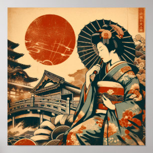 Poster Cartaz de Arte do Pagode do Sol Vermelho da Geisha