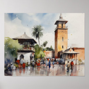 Poster Cartaz de Arte em Aquarela de Marrakech Marrocos