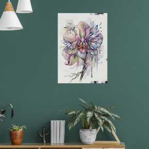 Poster Cartaz de Arte em Aquarela de Orquídea Rosa Flor