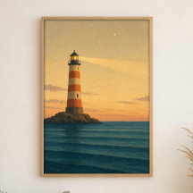 Cartaz de Arte em Aquarela do Farol ao Crepúsculo