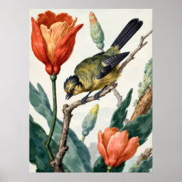Poster Cartaz de Arte Floral Botânica Vintage com Pássaro