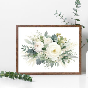 Poster Cartaz de Arte Floral Branca com Folhagem em Aquar