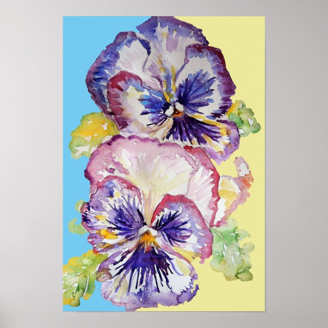 Poster Cartaz de Arte Floral de Pansy Roxa em Aquarela (Frente)