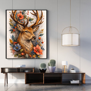Poster Cartaz de Arte Floral de Veado Majestoso Ilustraçã