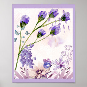 Poster Cartaz de Arte Floral Roxa Flores e Borboletas e