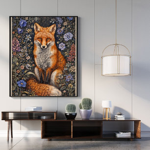 Poster Cartaz de Arte Floral Vintage Fox   Animal da Flor