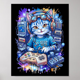Poster Cartaz de Arte Pop de Gatinho Gamer Neon Retro