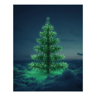 Pôster Cartaz de árvore de Natal verde com neve