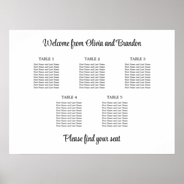 Poster Cartaz de Assento de Casamento de Mesa 5 com Estil (Frente)