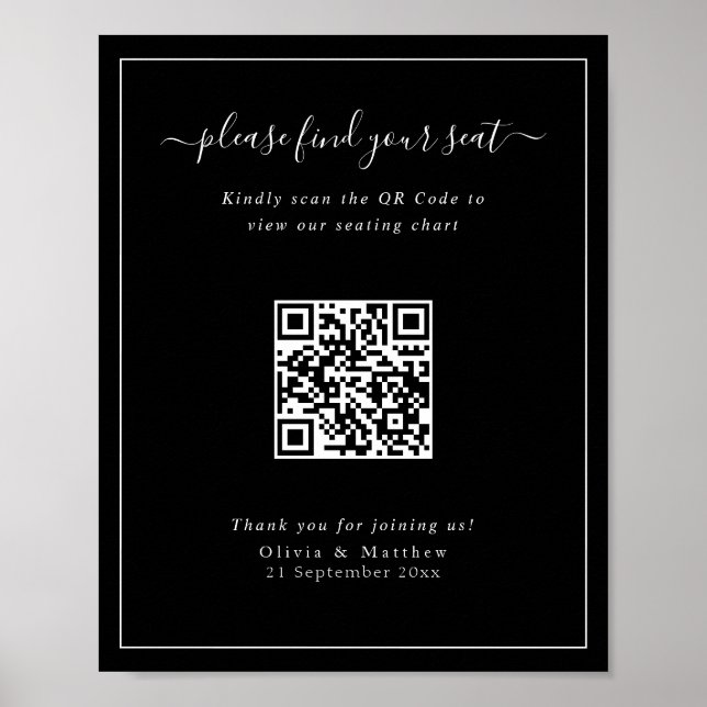 Poster Cartaz de Assento de Código QR de Casamento Preto  (Frente)