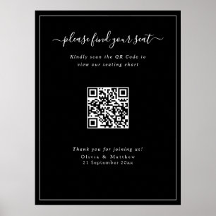 Poster Cartaz de Assento de Código QR de Casamento Preto