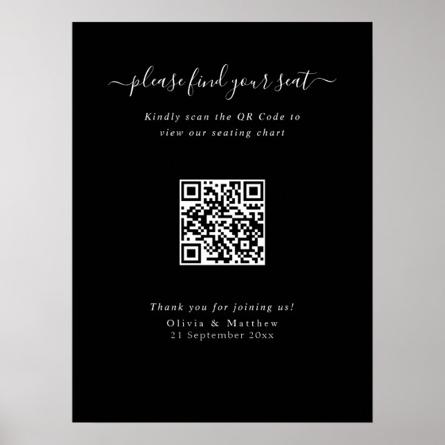 Poster Cartaz de Assento de Código QR de Casamento Preto  (Frente)