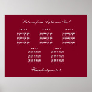 Poster Cartaz de Assentos de Casamento Burgundy 5 Mesa