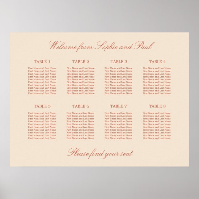 Poster Cartaz de Assentos de Casamento da Mesa 8 com Letr (Frente)