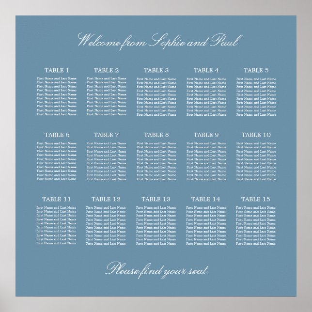 Poster Cartaz de Assentos de Casamento de Mesa 15 Azul Em (Frente)