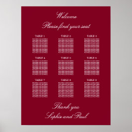 Poster Cartaz de Assentos de Casamento de Mesa 9 Borgonha