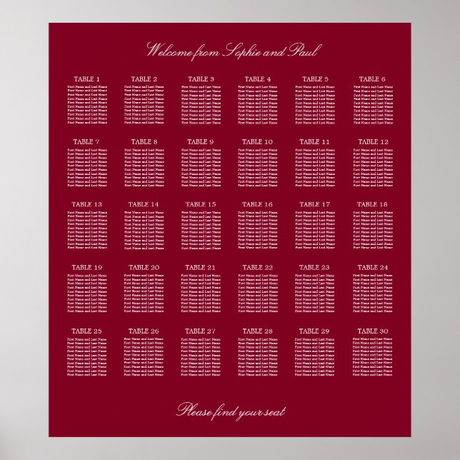 Poster Cartaz de Assentos de Casamento de Mesa Burgundy 3 (Frente)