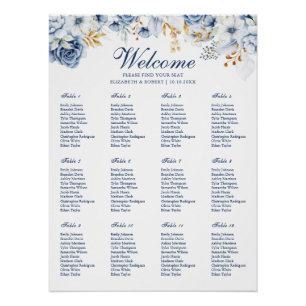 Pôster Cartaz de Assentos de Casamento Floral Azul e Dour