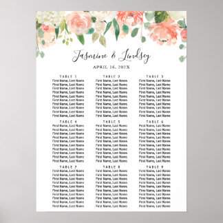 Poster Cartaz de Assentos de Casamento Floral Coral Pêsse
