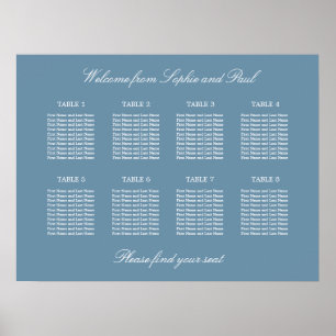 Poster Cartaz de Assentos de Casamento na Mesa 8 em Azul