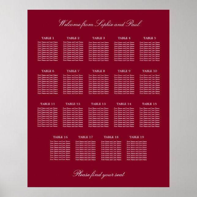 Poster Cartaz de Assentos de Casamento na Mesa Burgundy 1 (Frente)