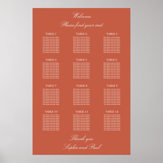 Poster Cartaz de Assentos de Casamento Terracota 12 Mesa (Frente)