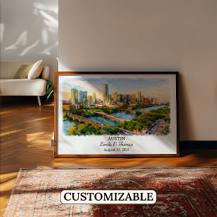 Poster Cartaz de Austin Texas, Aquarela, Personalizado