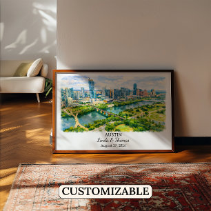Poster Cartaz de Austin Texas, Aquarela, Personalizado