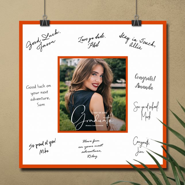 Poster Cartaz de Autógrafo de Formatura com Borda Laranja (Graduation autograph photo poster with orange border, INSTANT DOWNLOAD and/or PRINTED)