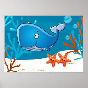 Pôster Cartaz de Baleia e Estrela-do-Mar Aquáticos Fofos