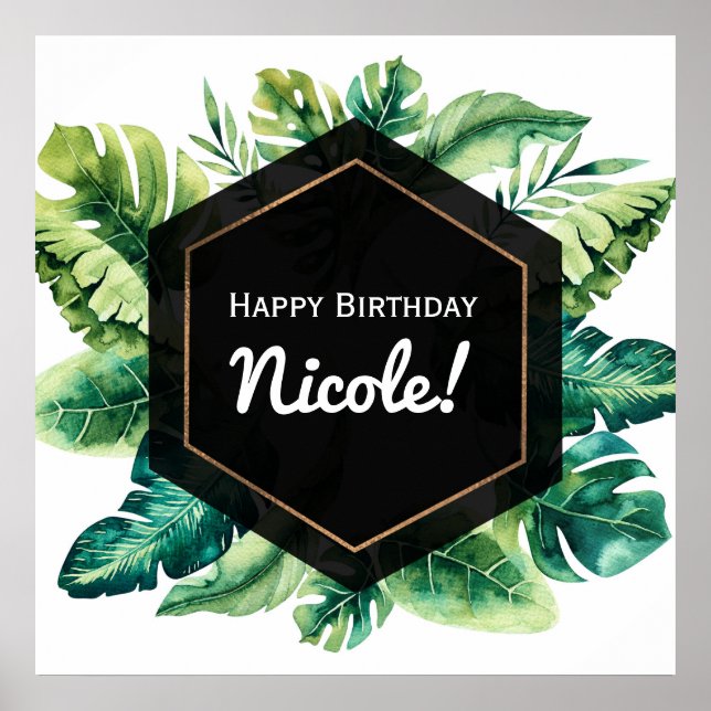 Poster Cartaz de Banner de Casamento Preto Folhas Tropica (Frente)