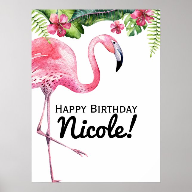 Poster Cartaz de Banner Tropical Flamingo Rosa & Hibisco (Frente)
