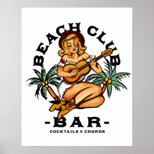 Poster Cartaz de Bar de Praia. Pin-up de Guitarra Retro S